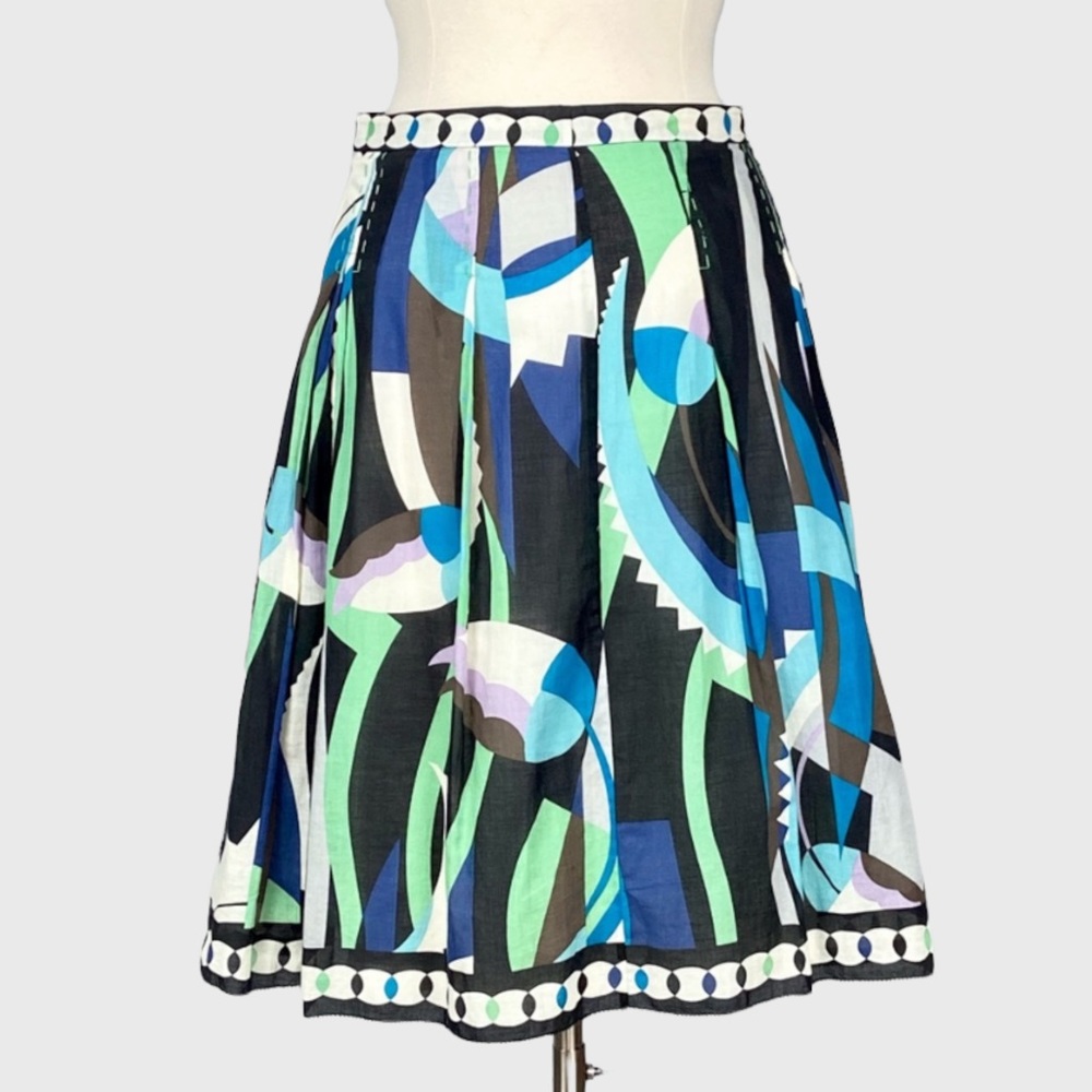 Elie Tahari Womens A Line Full Pleated Skirt Blue Green Floral Cotton size 8